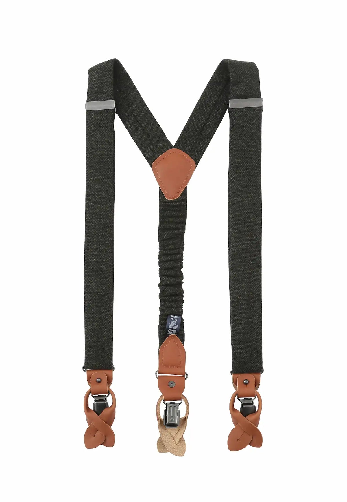 (Dunkelgrün) Hosenträger Herren Tweed – Rückansicht Y-Form mit Clips und Lederschlaufen