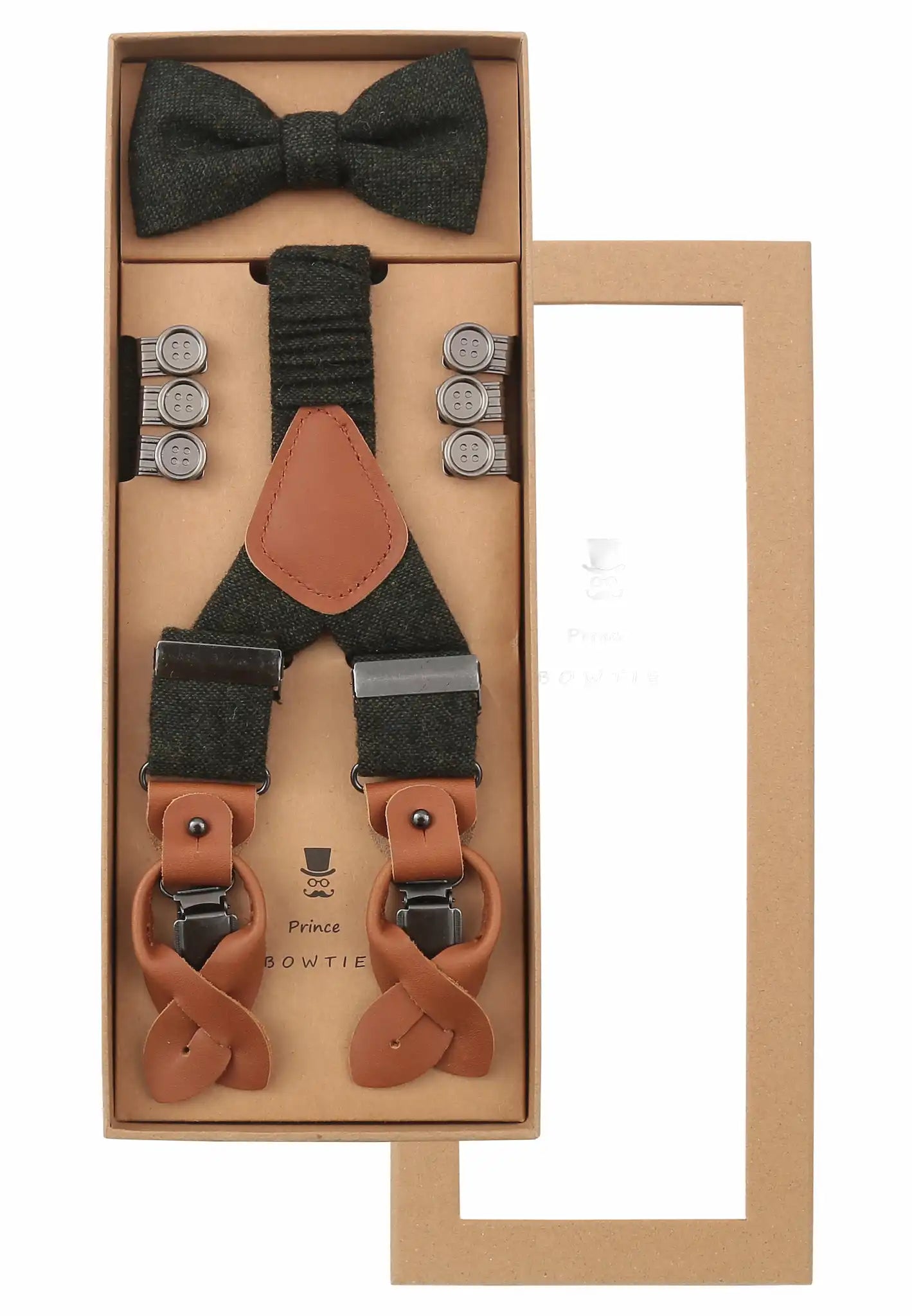(Dunkelgrün) Hosenträger Set Herren mit Fliege Tweed Wolle – Geschenkbox Prince Bowtie