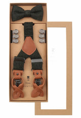(Dunkelgrün) Hosenträger Set Herren mit Fliege Tweed Wolle – Geschenkbox Prince Bowtie
