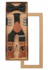 (Dunkelgrün) Hosenträger Set Herren mit Fliege Tweed Wolle – Geschenkbox Prince Bowtie