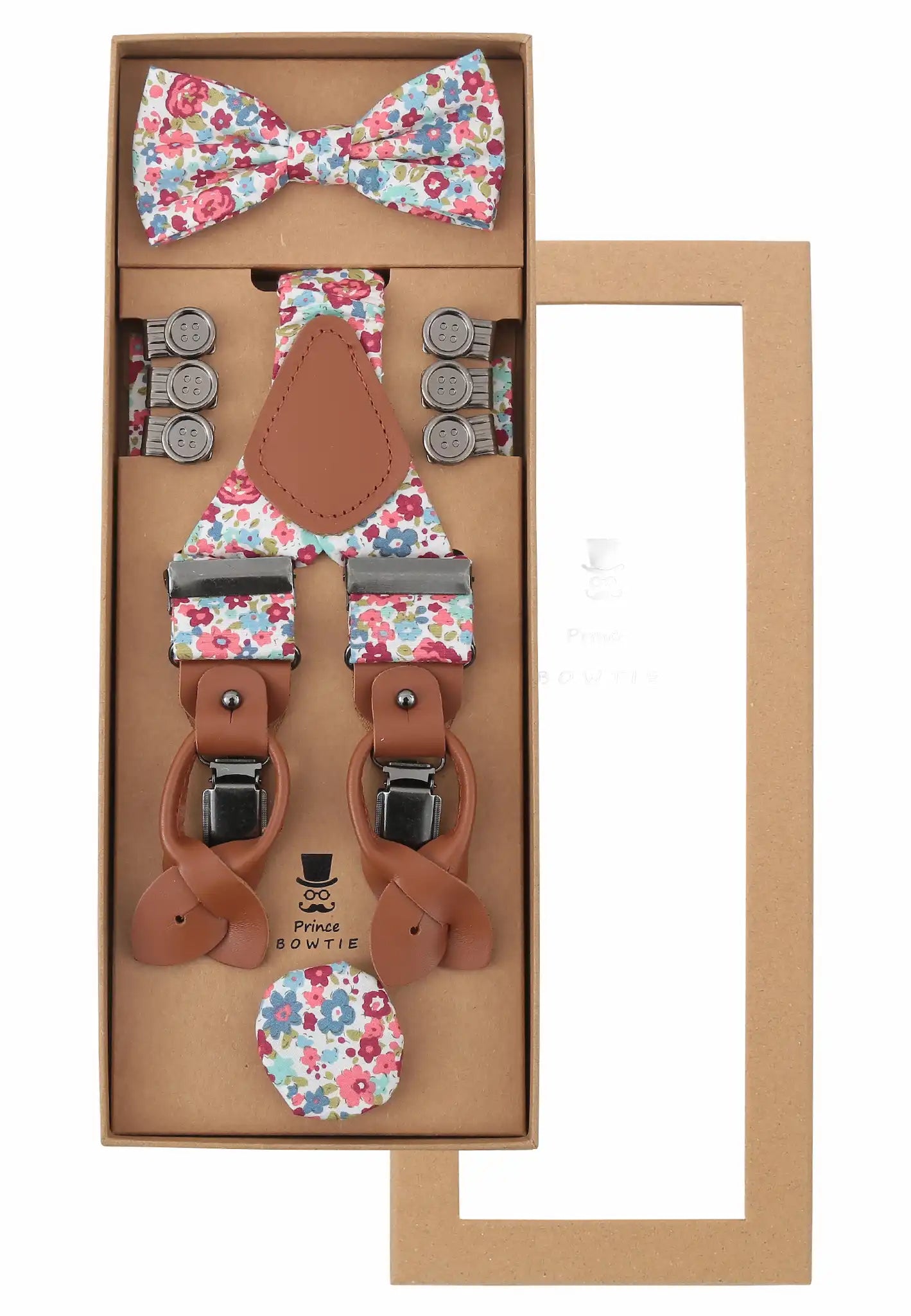 (Koralle) Hosenträger Set Blumenmuster mit Fliege und Einstecktuch – Geschenkverpackung Prince Bowtie