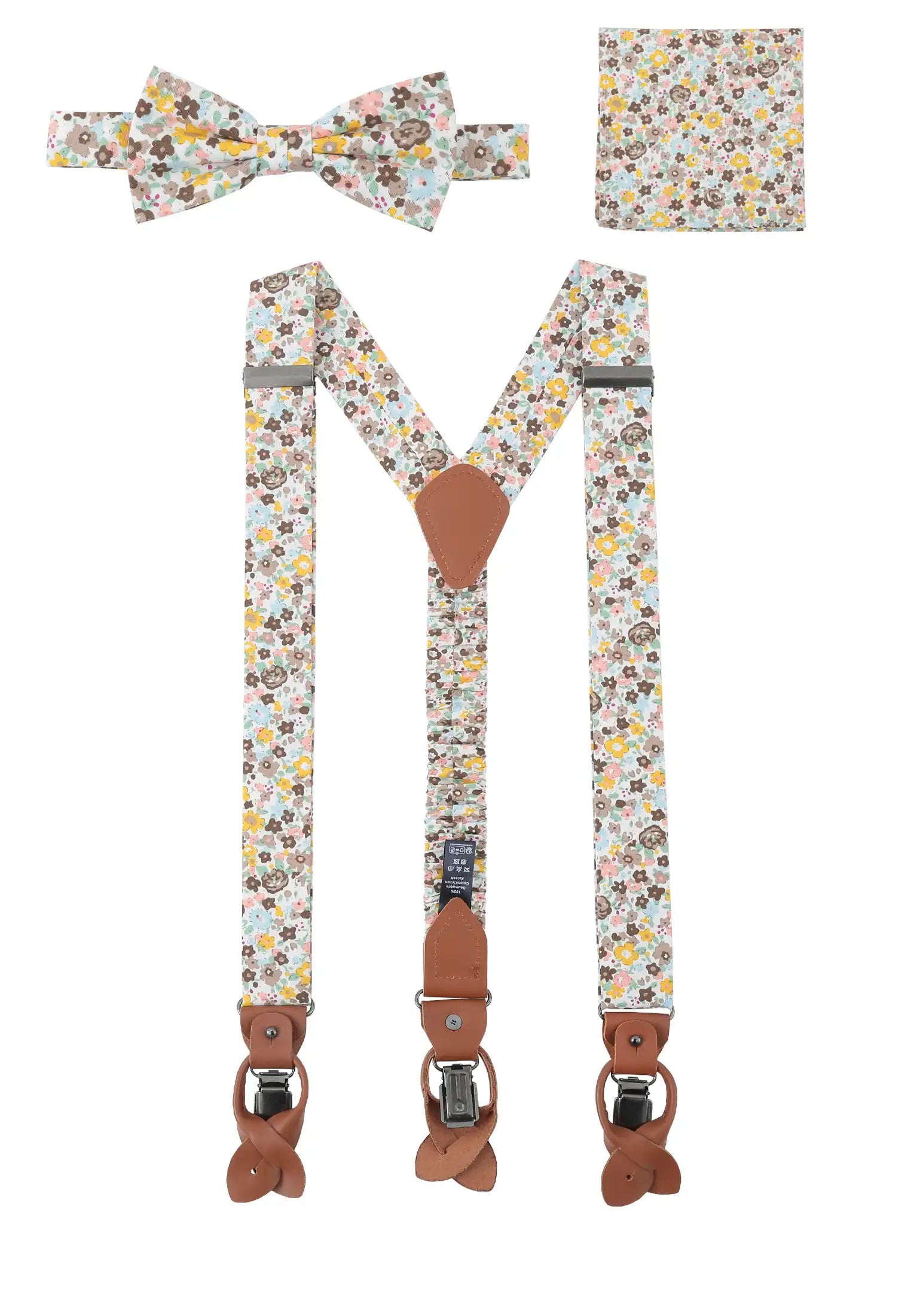 (Beige) Hosenträger Set Herren Blumenmuster Baumwolle – Gesamtansicht mit Fliege und Einstecktuch