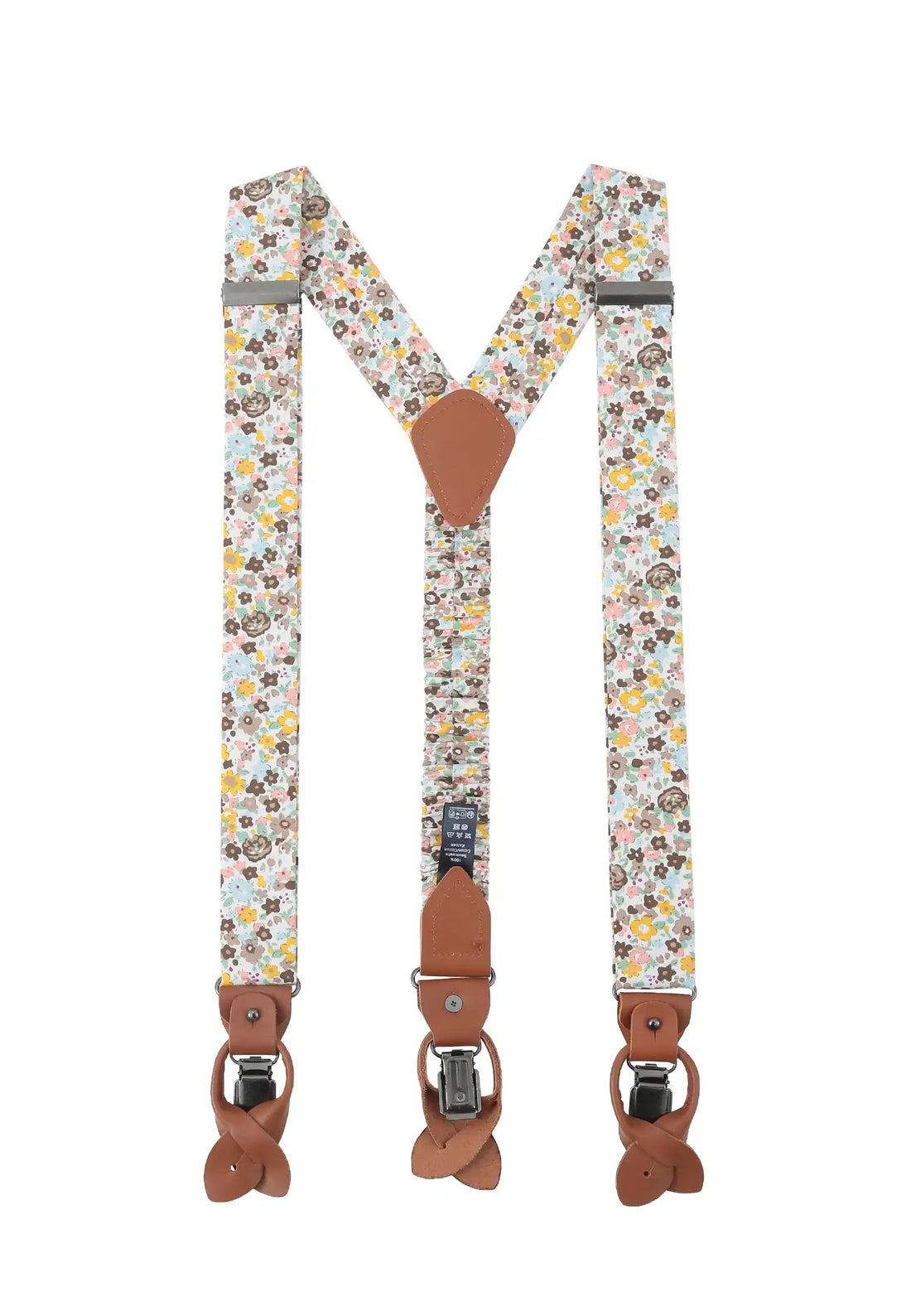 (Beige) Hosenträger Herren Blumenmuster Baumwolle – Y-Form mit Clips und Lederdetails