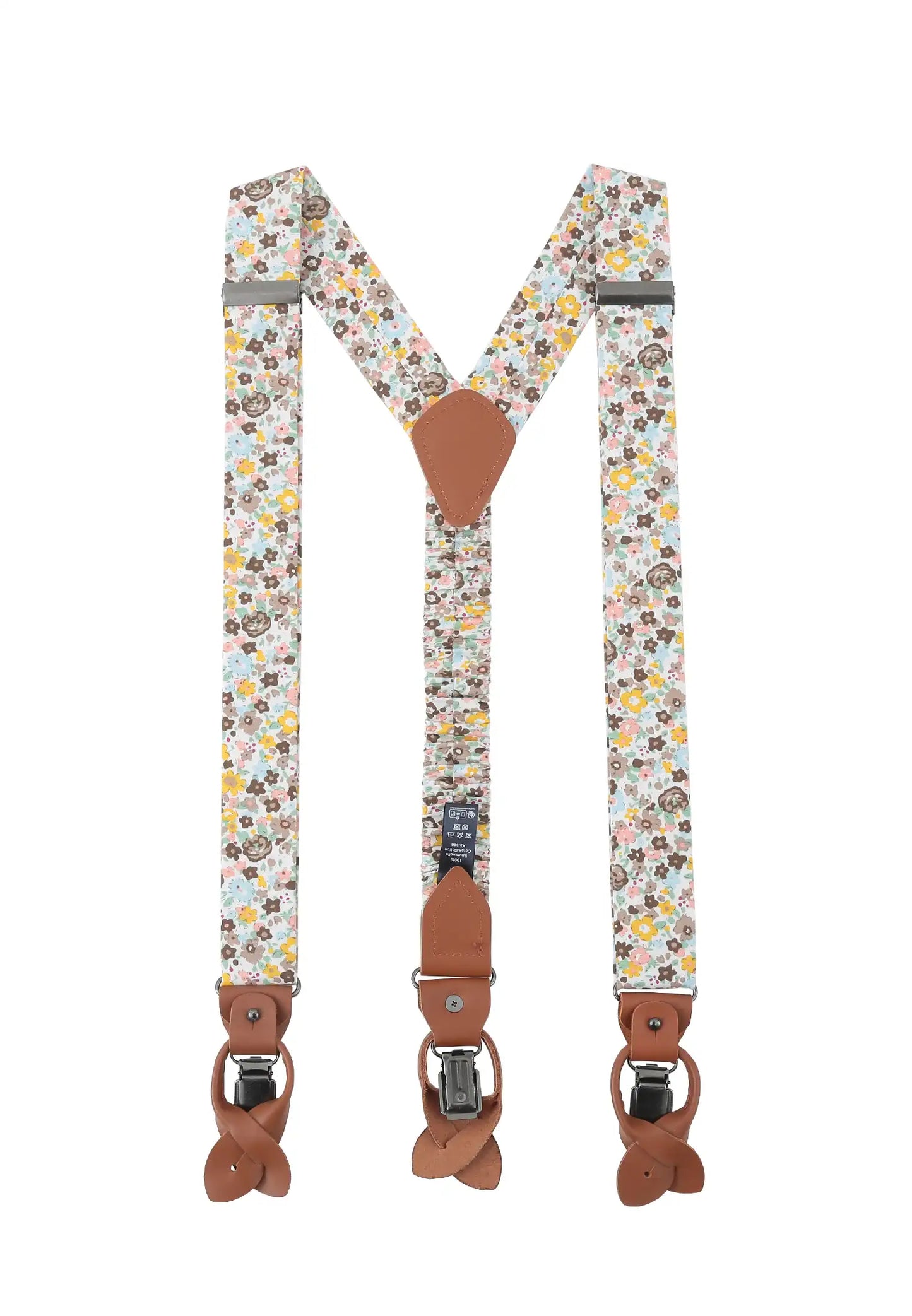 (Beige) Hosenträger Herren Blumenmuster Baumwolle – Y-Form mit Clips und Lederdetails
