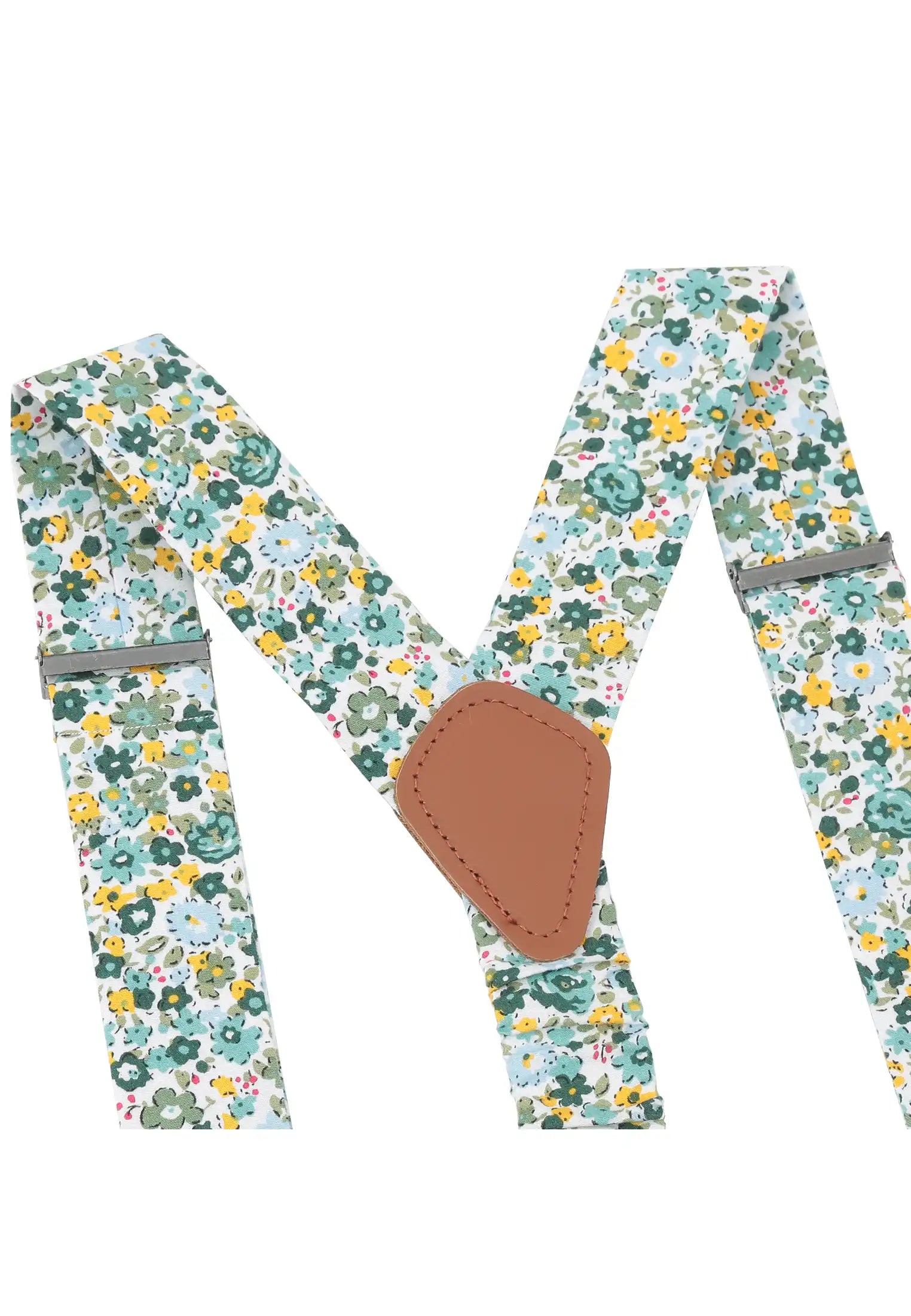 (Grün) Hosenträger Blumenmuster Y-Form – Detailansicht Lederdreieck und Muster