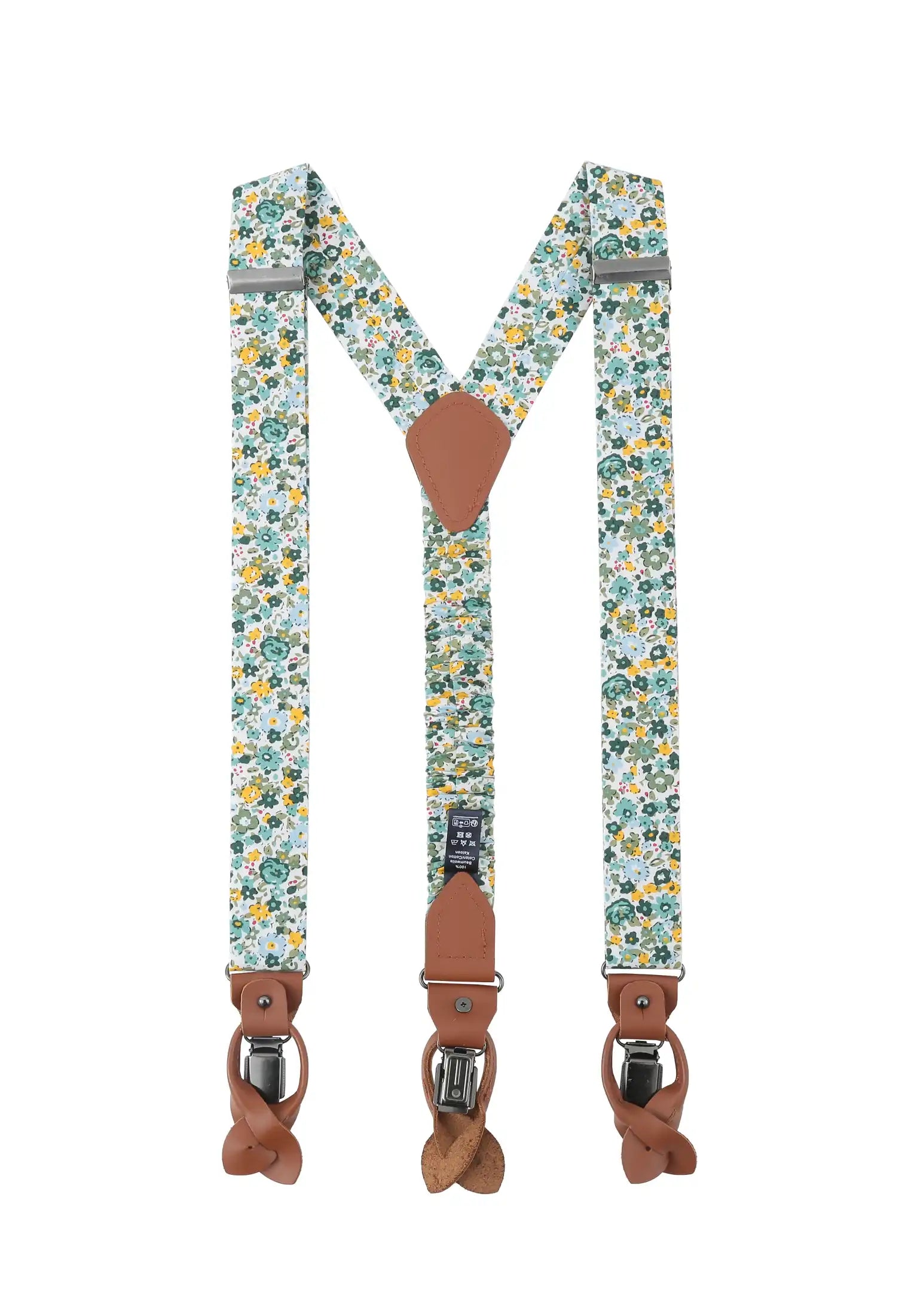 (Grün) Hosenträger Herren Blumenmuster Baumwolle – Y-Form mit Clips und Lederdetails