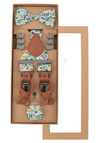 (Grün) Hosenträger Set Blumenmuster mit Fliege und Einstecktuch – Geschenkverpackung Prince Bowtie