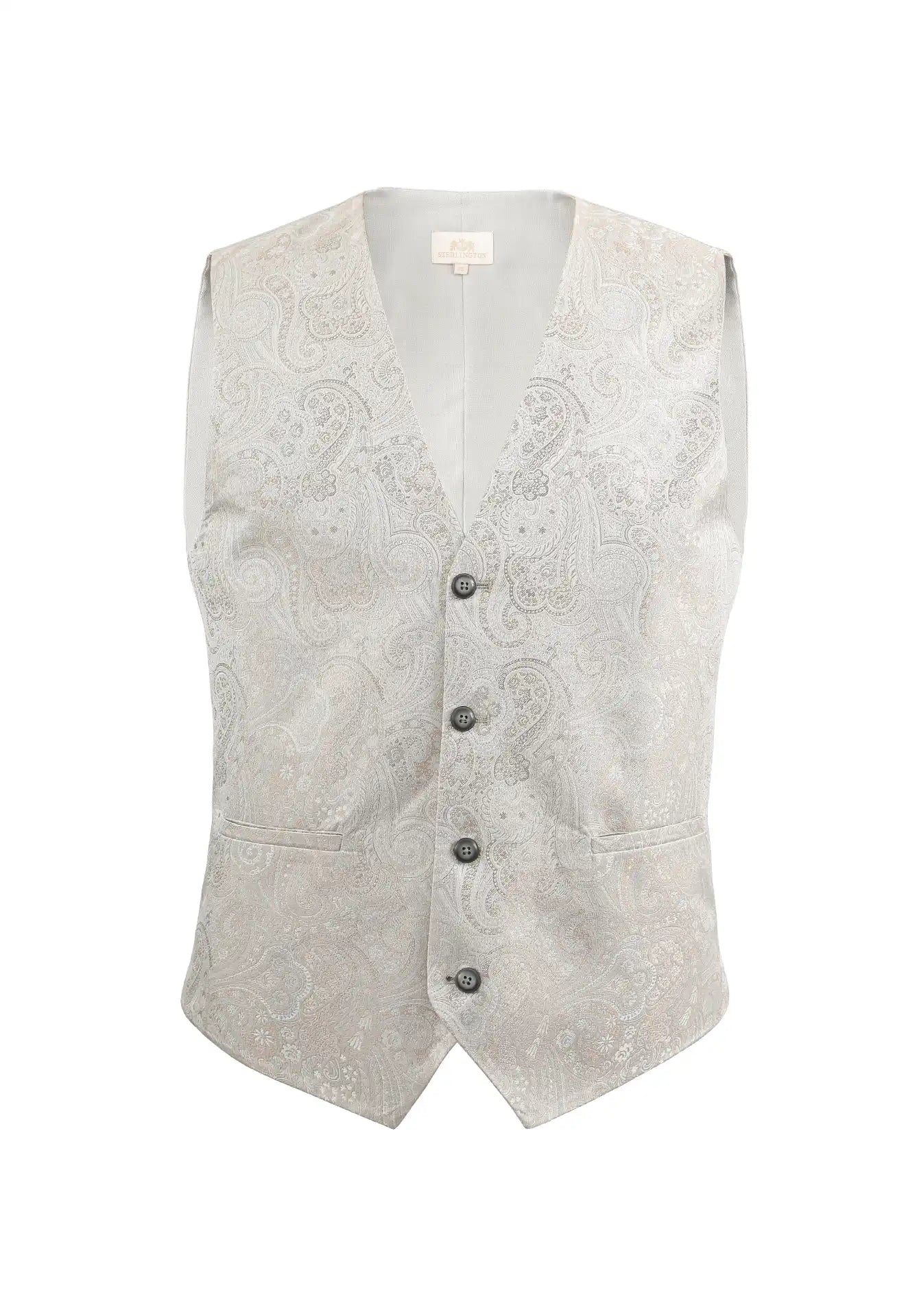 (Beige) Hochzeitsweste Herren Paisley Seide – Frontalansicht V-Ausschnitt