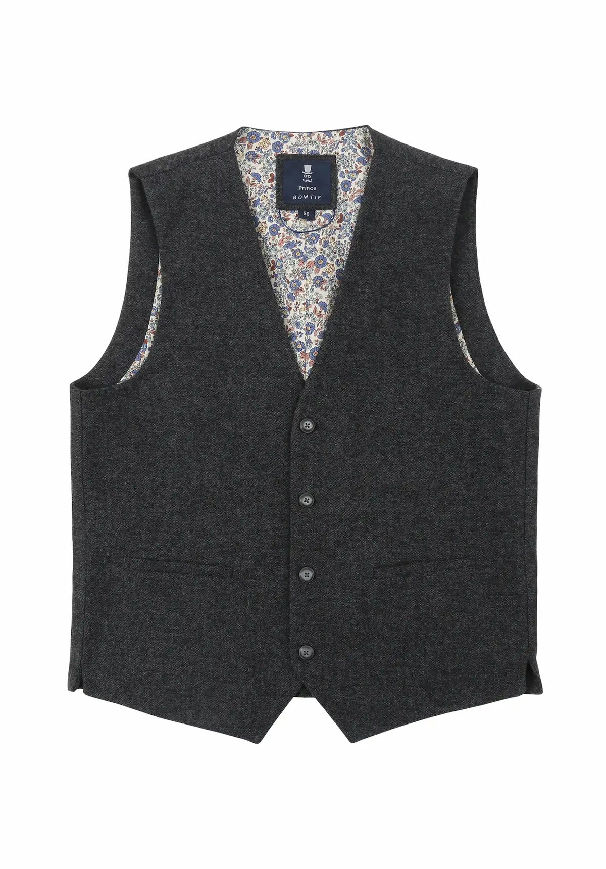(Anthrazit) Weste Herren Tweed – Frontalansicht mit Knopfleiste und Paspeltaschen