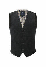 (Anthrazit) Weste Herren Tweed Wolle – Frontalansicht mit floralem Innenfutter