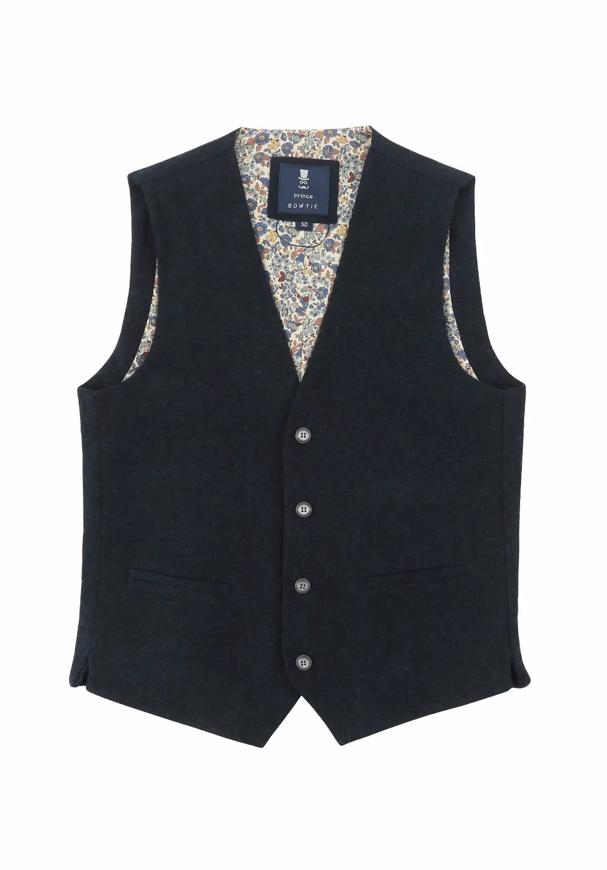 (Dunkelblau) Weste Herren Tweed – Frontalansicht mit Knopfleiste und Paspeltaschen