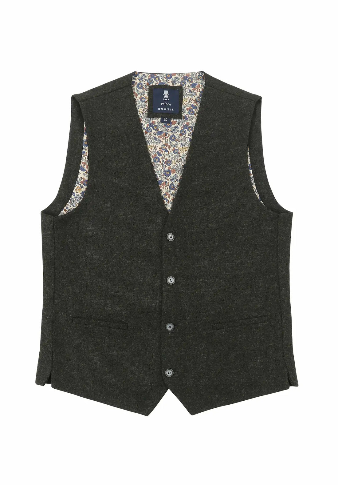 (Dunkelgrün) Weste Herren Tweed – Frontalansicht mit Knopfleiste und Paspeltaschen