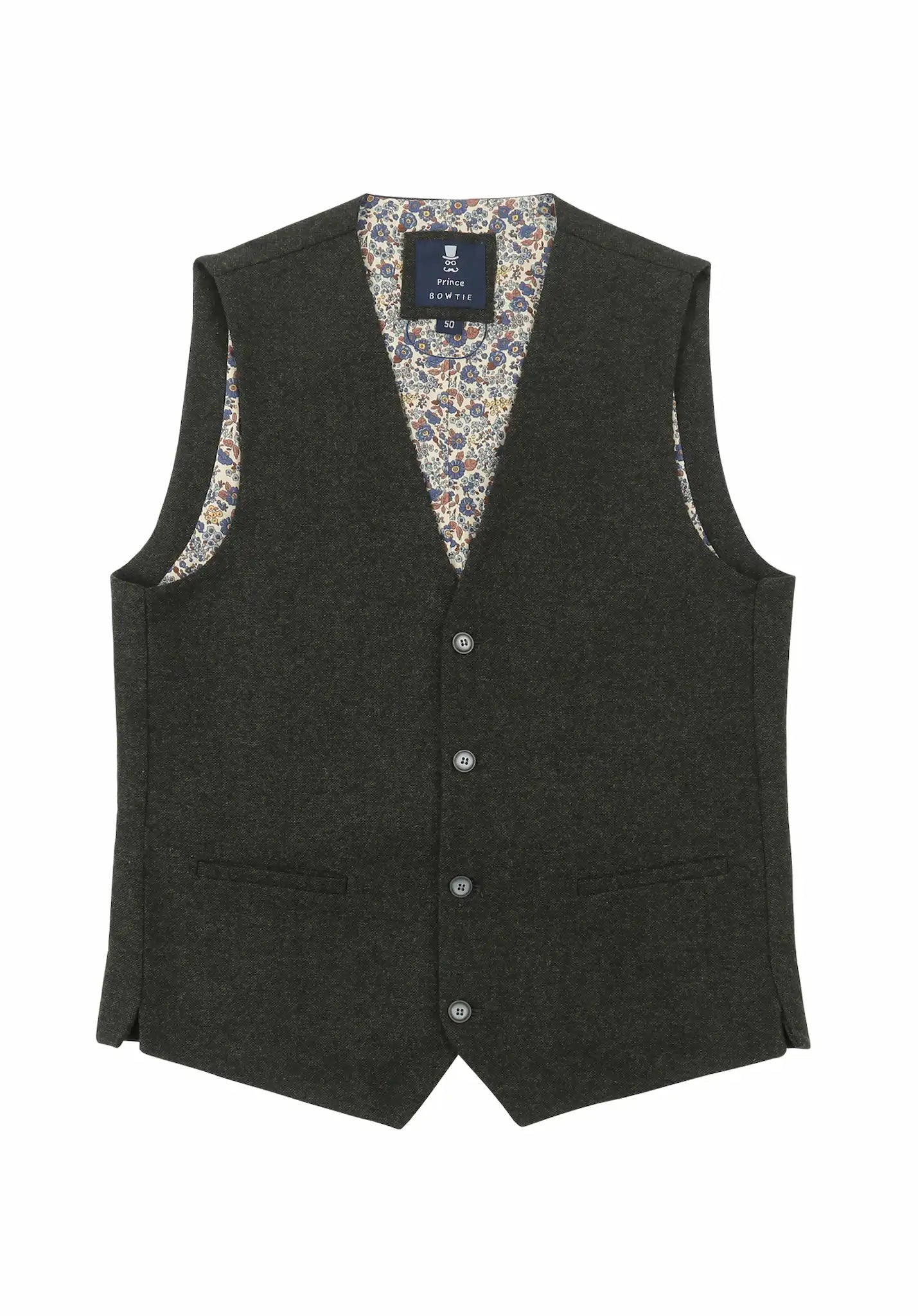(Dunkelgrün) Weste Herren Tweed – Frontalansicht mit Knopfleiste und Paspeltaschen