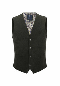 (Dunkelgrün) Weste Herren Tweed Wolle – Frontalansicht mit floralem Innenfutter