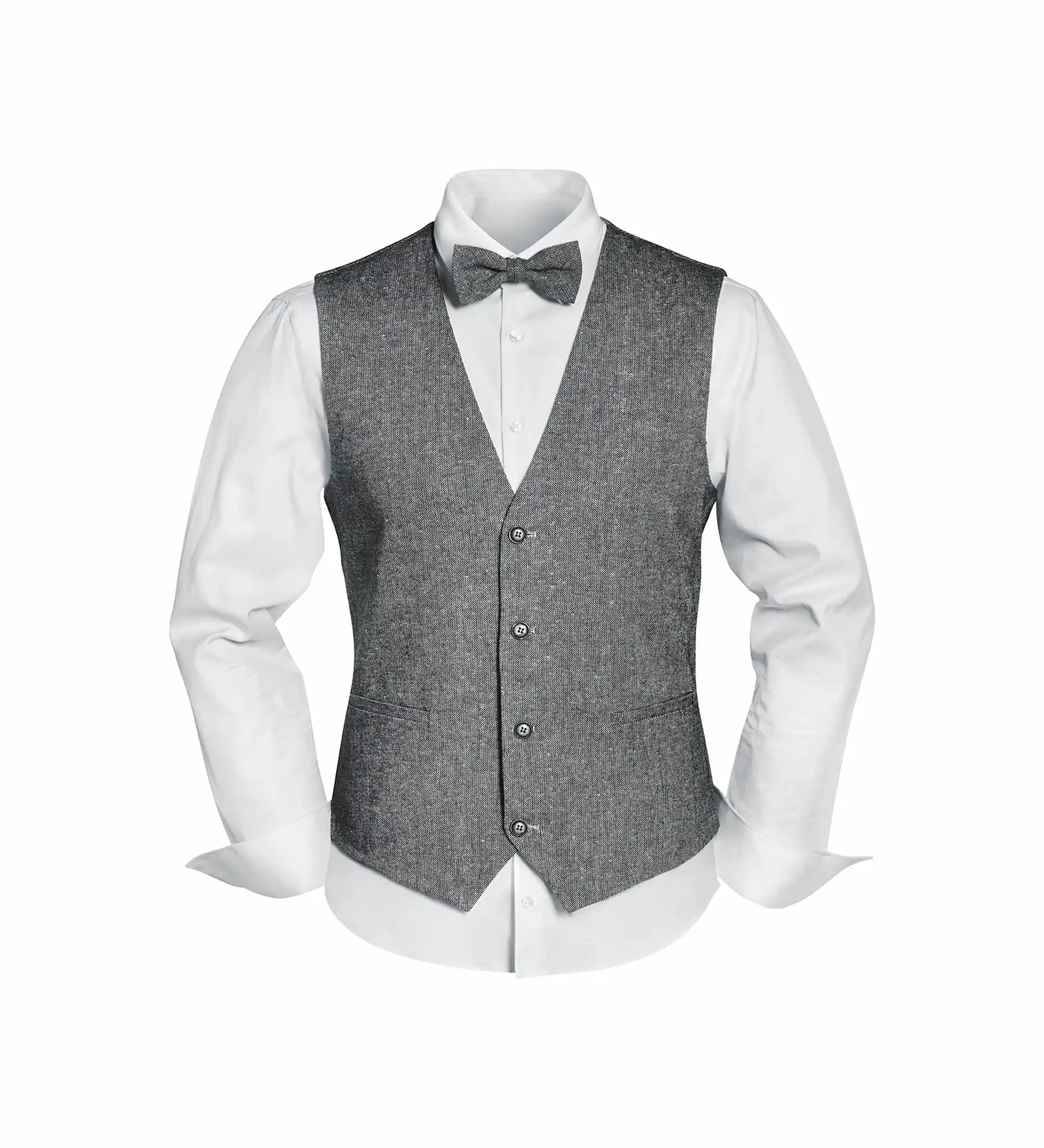 (Grau) Westen Set Herren Tweed mit Fliege – Outfit auf Mannequin mit weißem Hemd