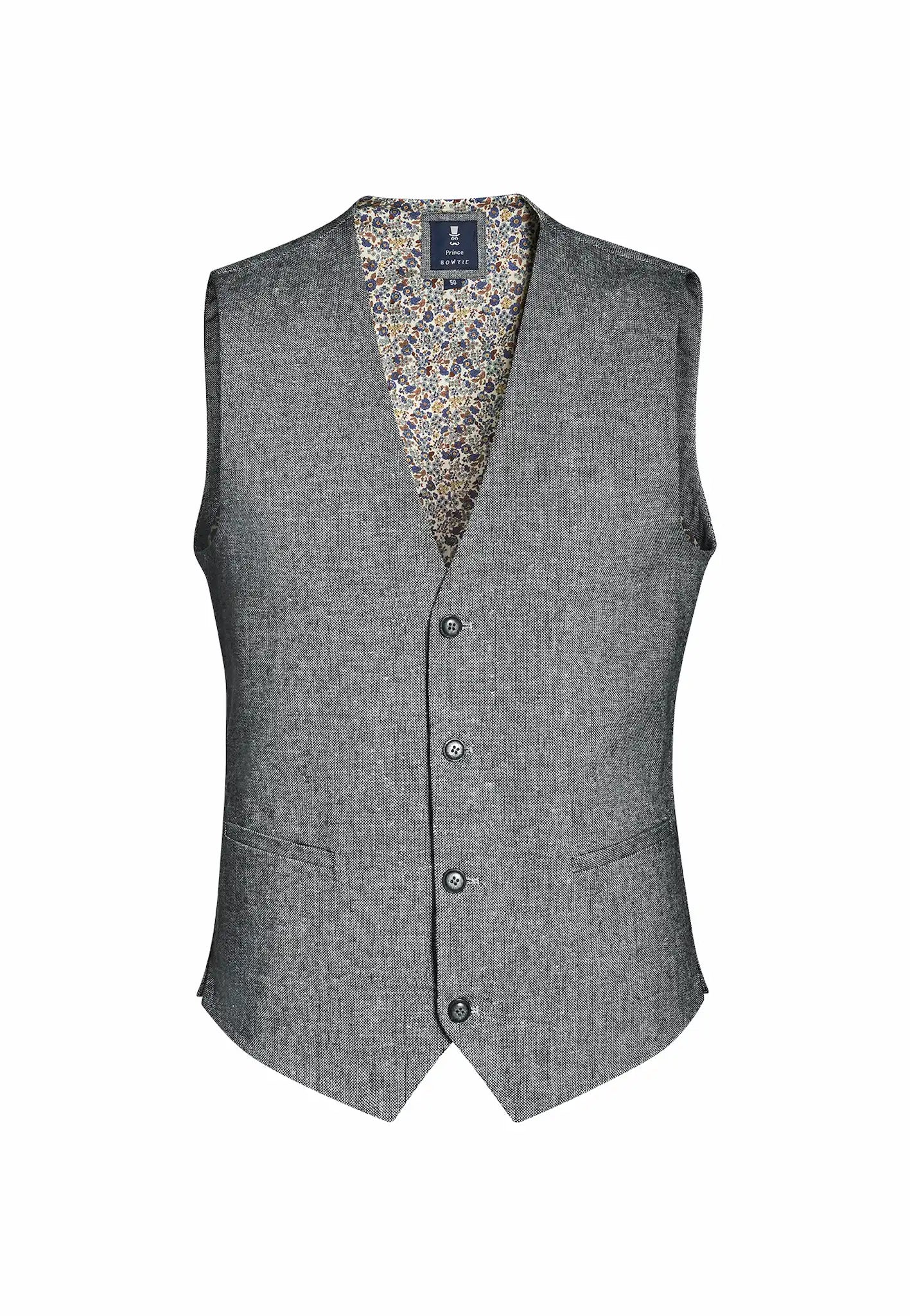(Grau) Westen Set Tweed – Weste Frontalansicht mit floralem Innenfutter