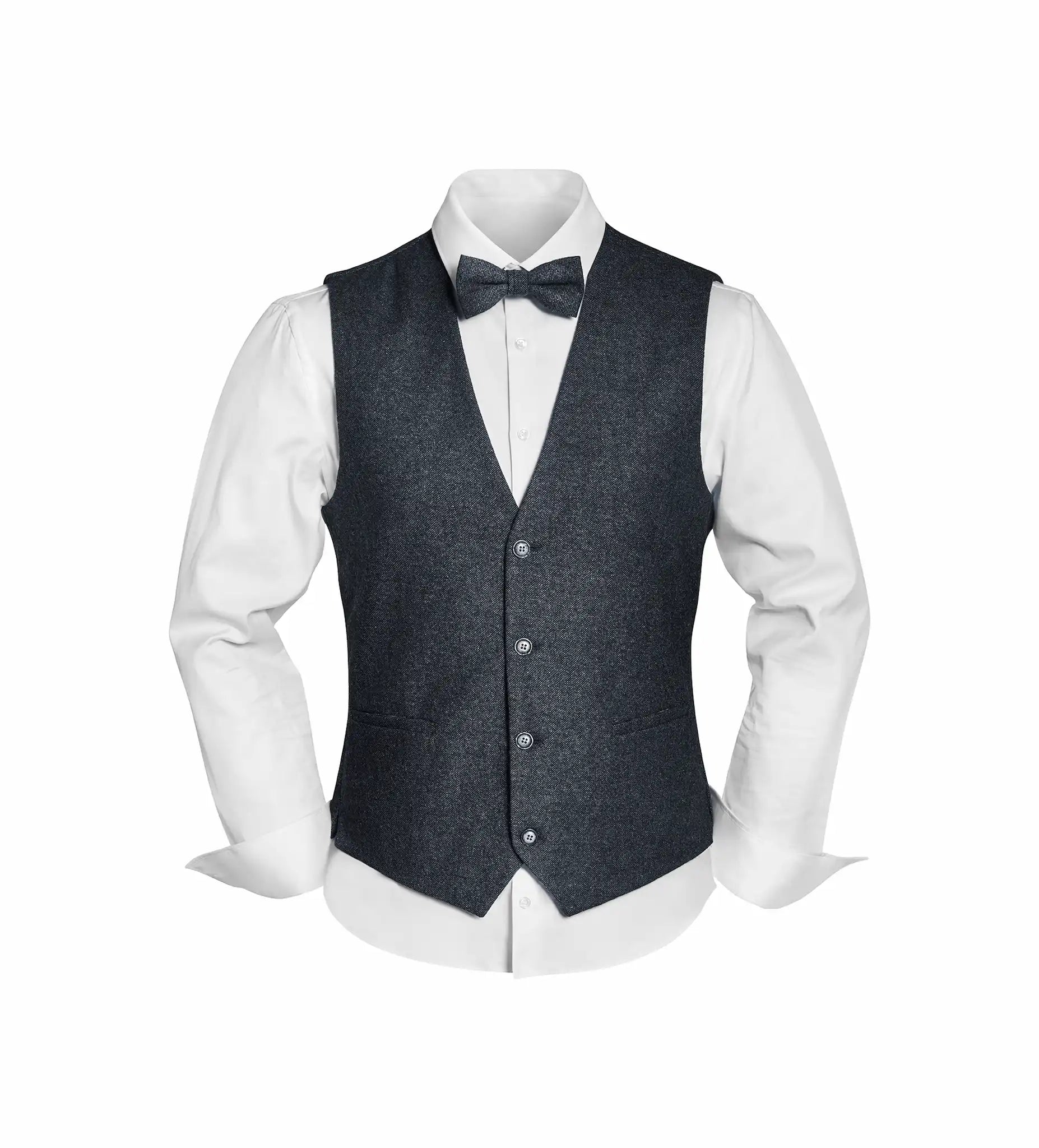 (Anthrazit) Westen Set Herren Tweed mit Fliege – Outfit auf Mannequin mit weißem Hemd
