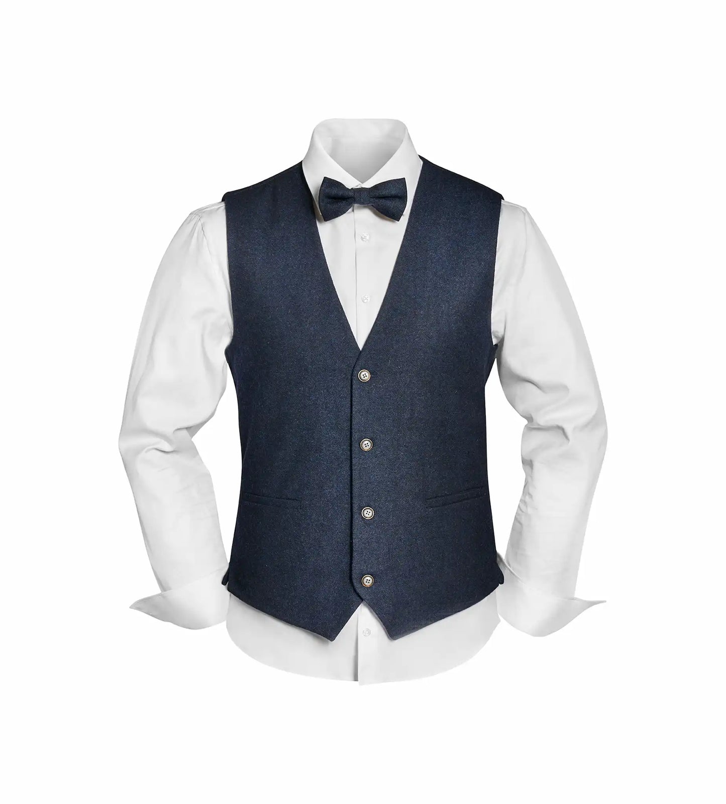 (Dunkelblau) Westen Set Herren Tweed mit Fliege – Outfit auf Mannequin mit weißem Hemd