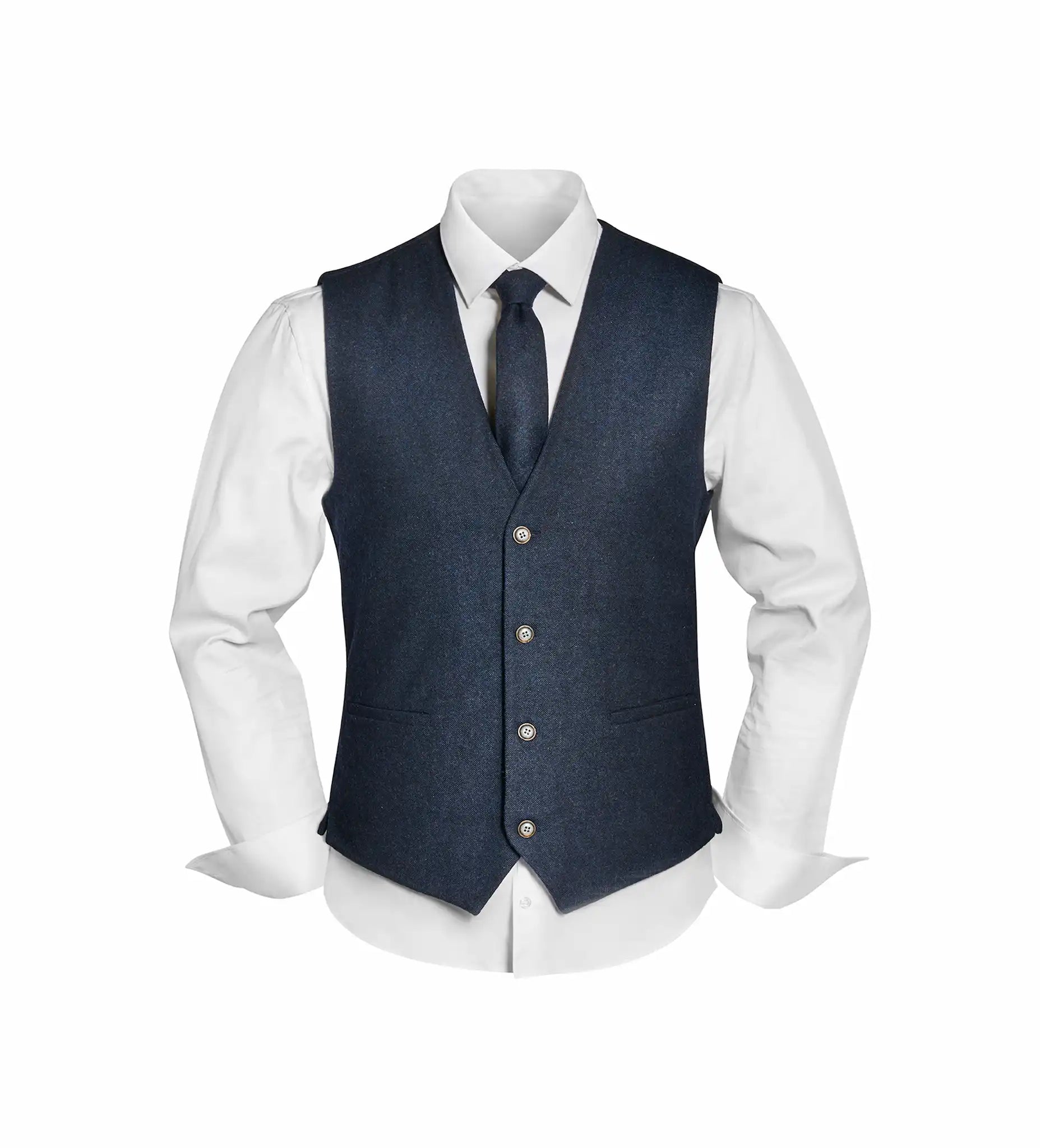 (Dunkelblau) Westen Set Herren Tweed mit Krawatte – Frontansicht auf weißem Hemd