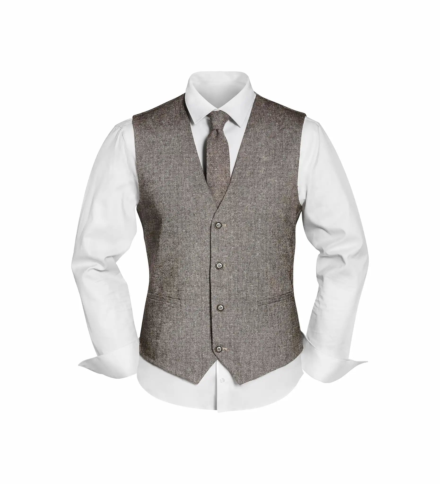 (Beige) Westen Set Herren Tweed mit Krawatte – Frontansicht auf weißem Hemd