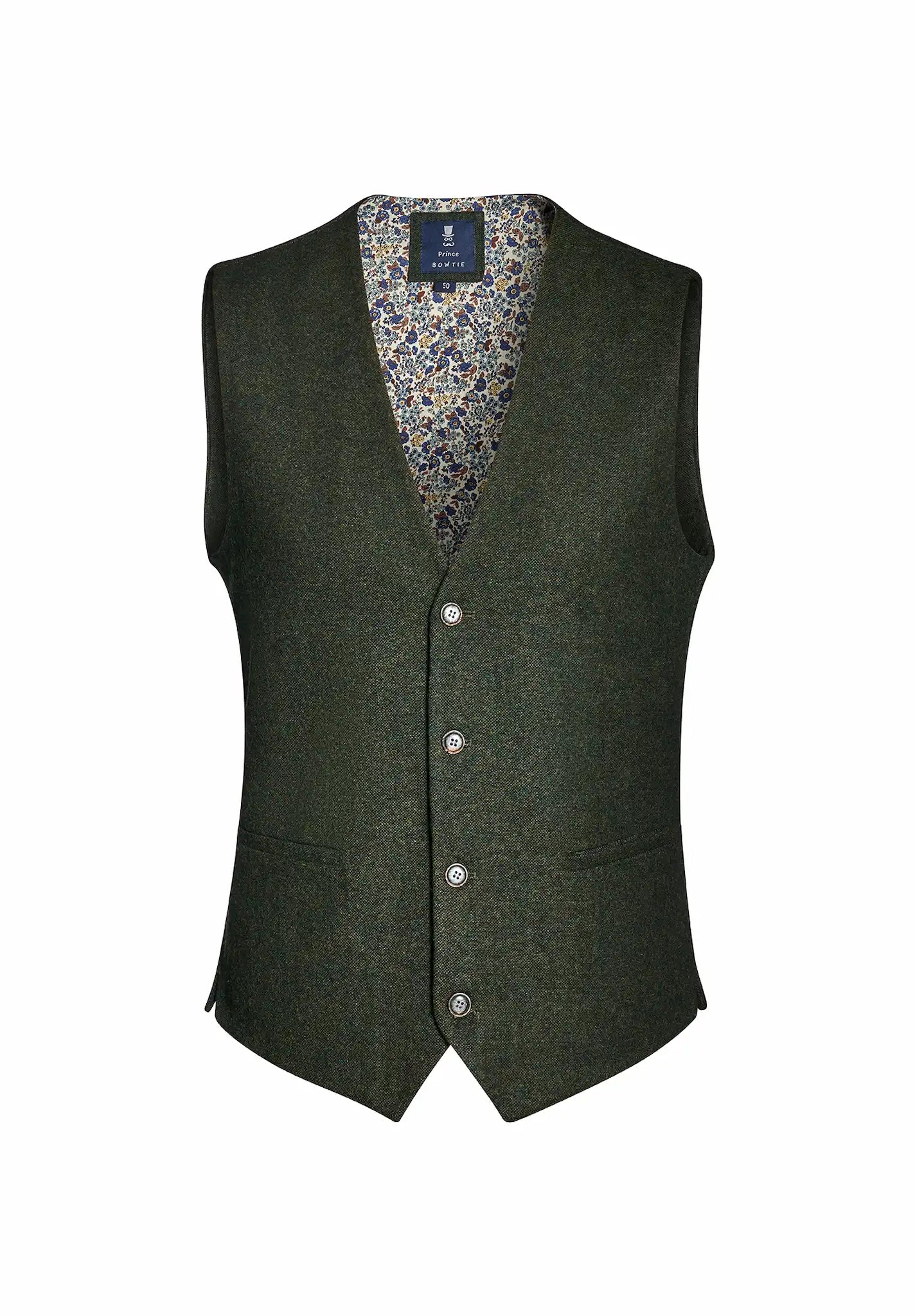 (Dunkelgrün) Herrenweste Tweed mit floralem Innenfutter – Prince Bowtie