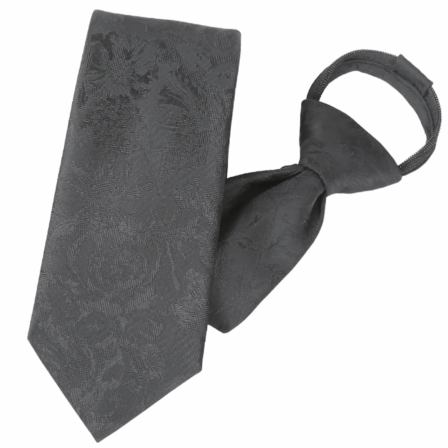(Schwarz Blumenmuster) Zip-Trauerkrawatte schräg fotografiert, schwarze Krawatte mit Blumenmuster und Schlaufe
