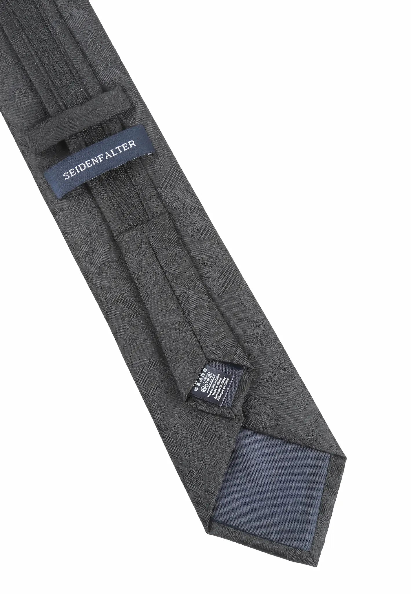 (Schwarz Blumenmuster) Rückseite der Zip-Trauerkrawatte mit Reißverschluss und Schlaufe, vorgebunden und verstellbar
