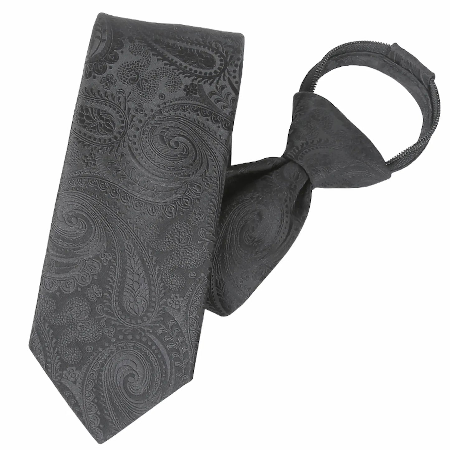(Schwarz Paisley) Zip-Trauerkrawatte schräg fotografiert, schwarze Krawatte mit Paisley-Muster und Schlaufe