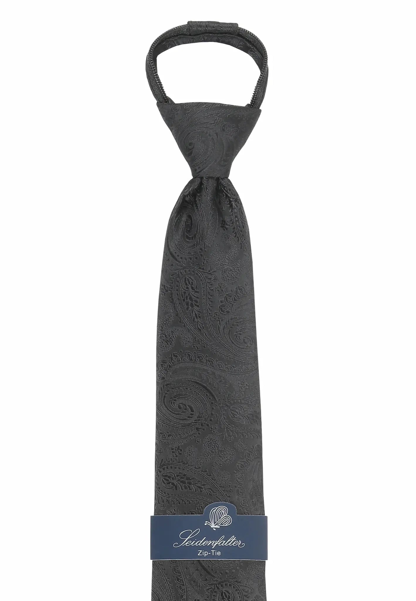 (Schwarz Paisley) Detail Knoten der Zip-Trauerkrawatte, vorgebundenes Design in Schwarz mit Paisley-Muster