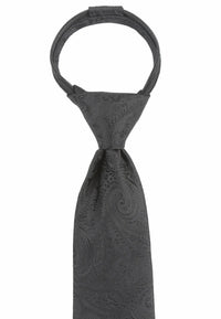 (Schwarz Paisley) Zip-Trauerkrawatte vorgebunden mit Schlaufe, schwarze Krawatte mit Paisley-Muster freigestellt