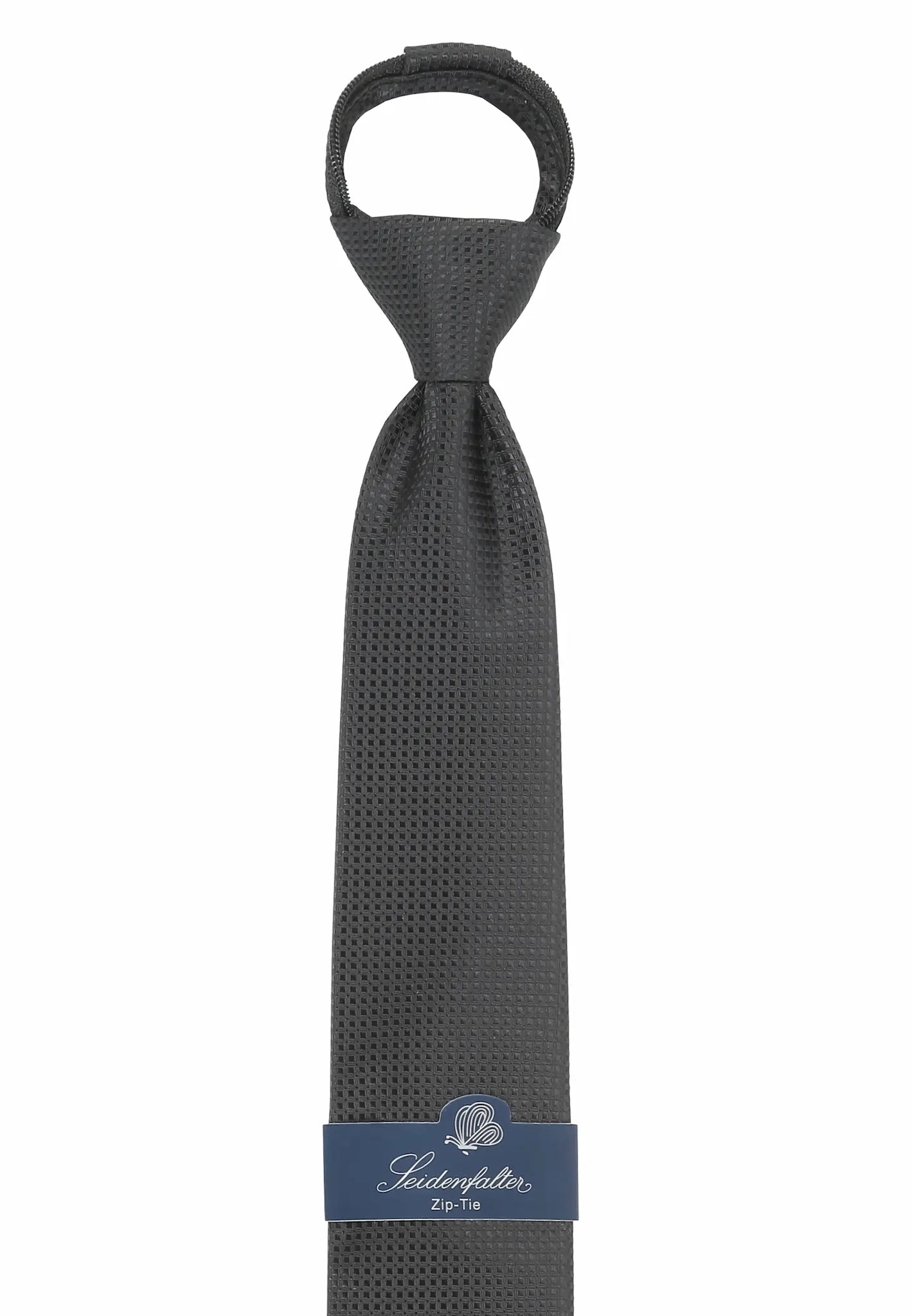 (Schwarz Würfelmuster) Detail Knoten der Zip-Trauerkrawatte, vorgebundenes Design in Schwarz mit Würfelmuster