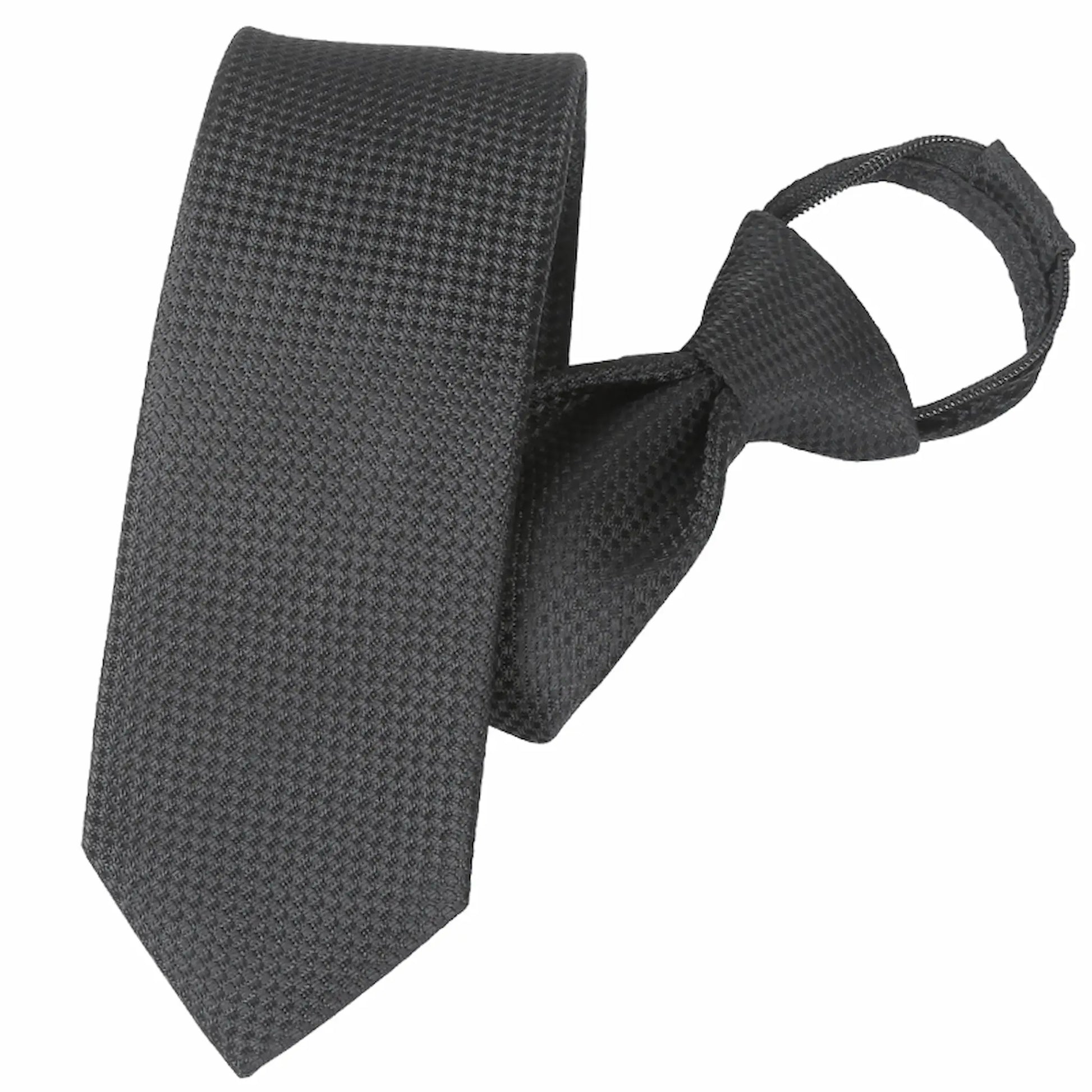 (Schwarz Mikrostruktur) Zip-Trauerkrawatte schräg fotografiert, schwarze Krawatte mit Mikrostruktur und Schlaufe
