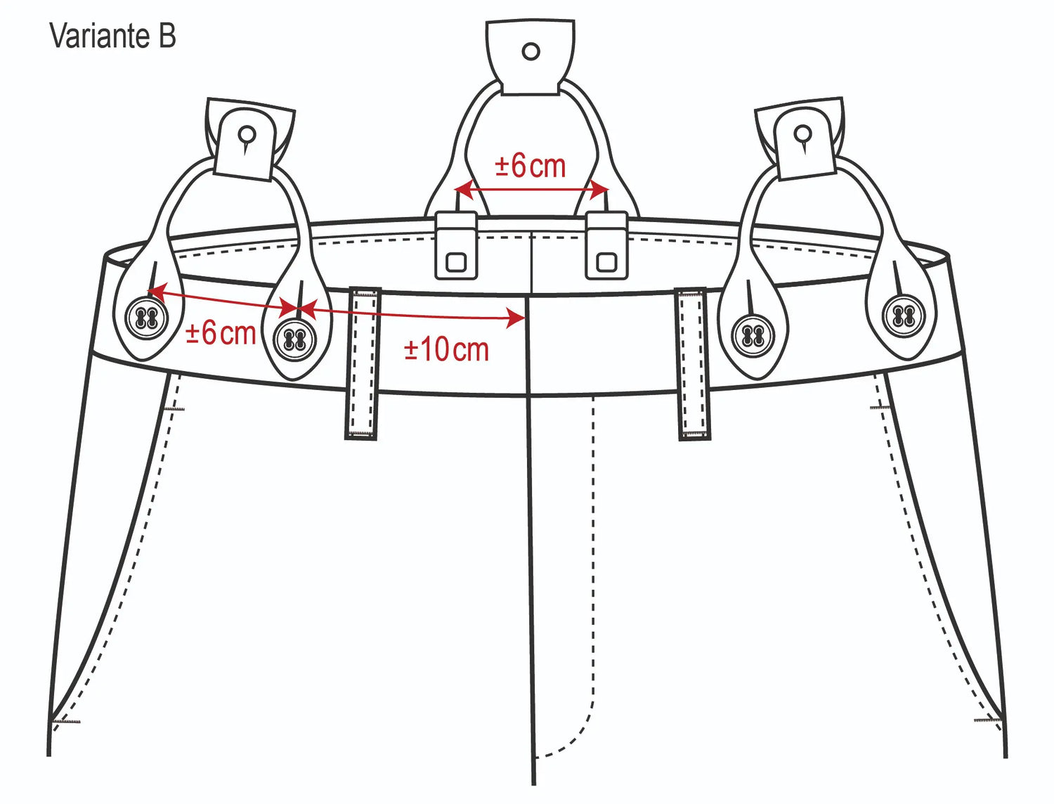 Skizze: Hosenträger mit Knopf-Clips und Lederschlaufen am Hosenbund befestigt, mit Abständen ±6 cm und ±10 cm – Variante B