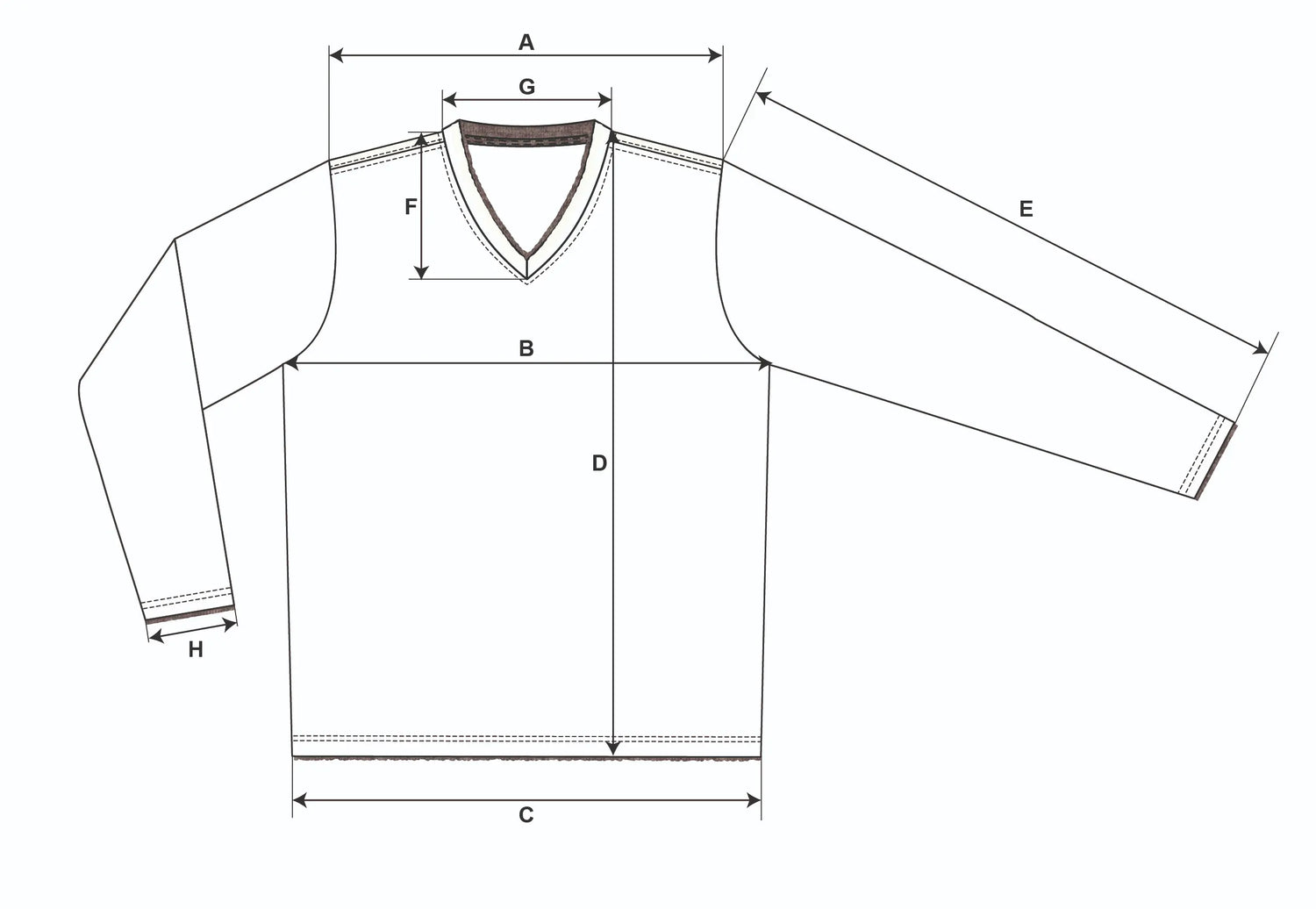 Größentabelle Herren Shirt mit Bemaßungspunkten A bis H für Schulterbreite, Brustweite, Saumweite, Länge, Ärmellänge, V-Ausschnitt, Halsausschnitt und Bündchenweite