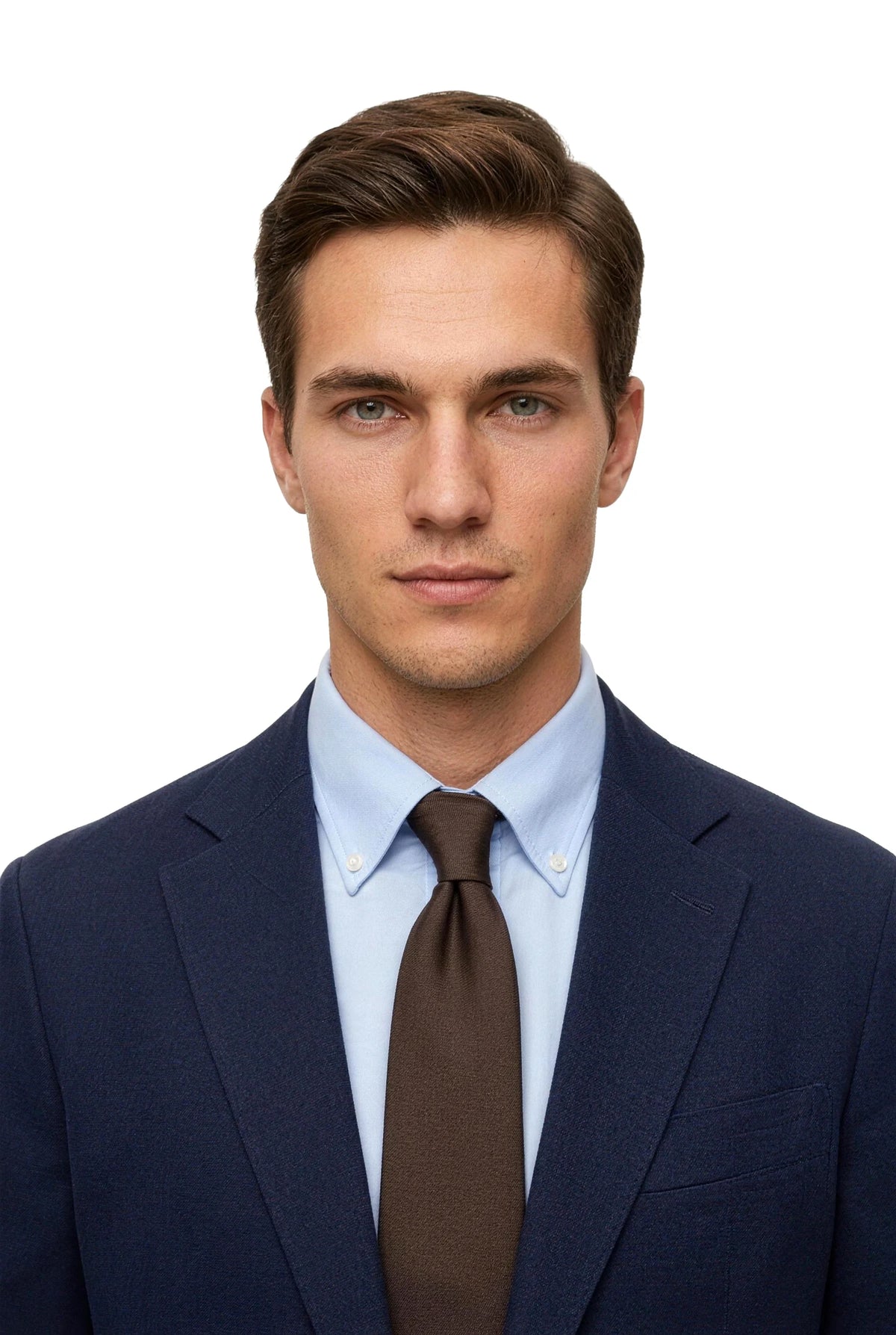 (Dunkelbraun) seidenkrawatte herren uni getragen portrait mit navy blazer